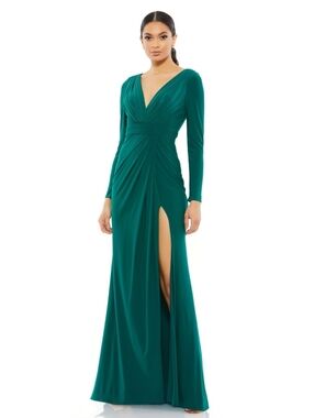 Ieena for Mac Duggal  High Slit Long Sleeve Dress.